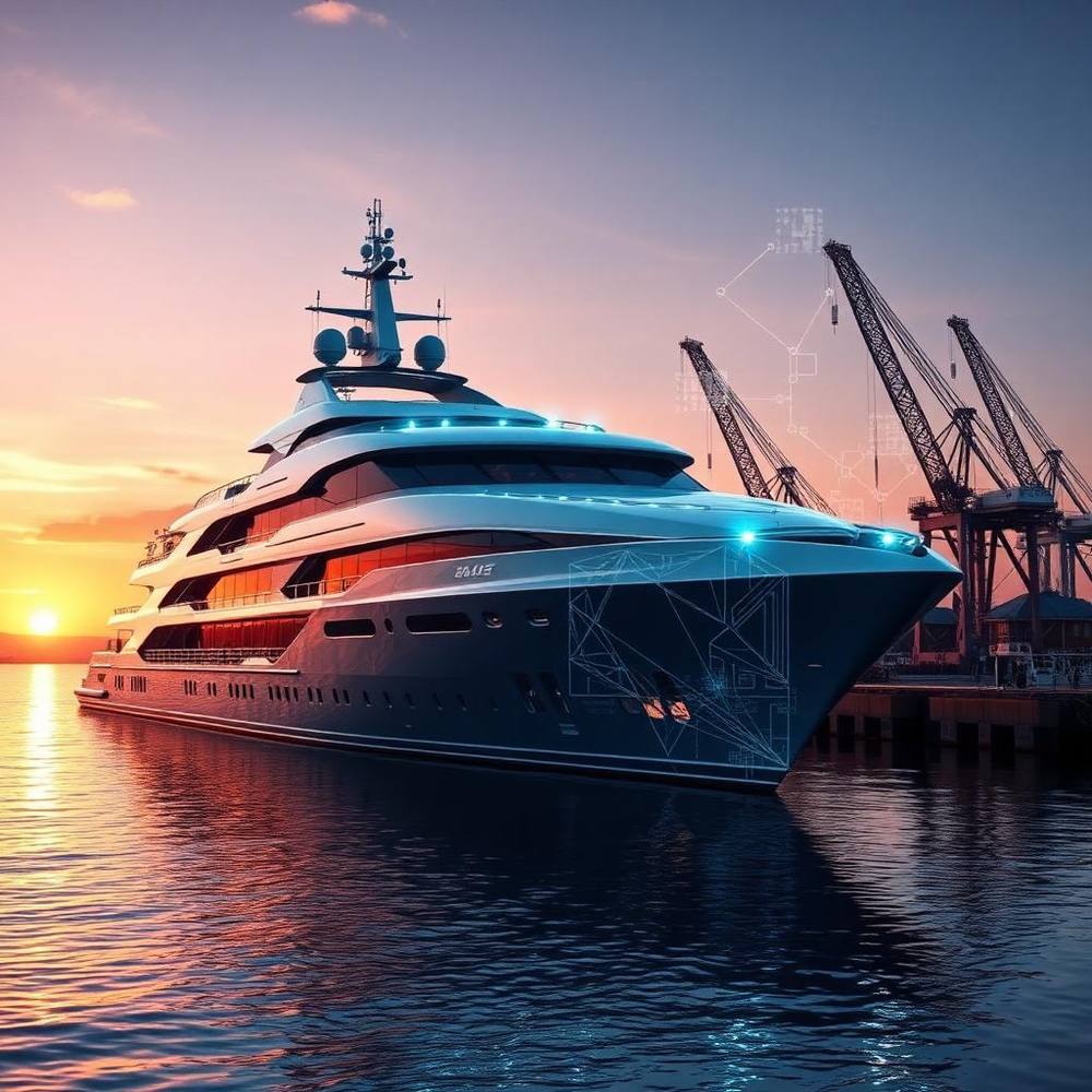 Smart marine vessel at port at sunset